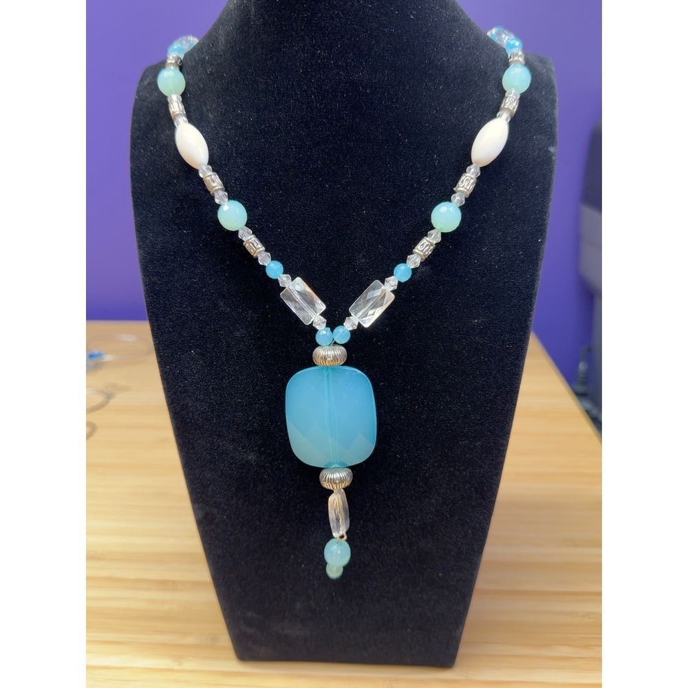 Aqua Blue Beaded Y Drop Necklace Long Statement Silver Tone 32"